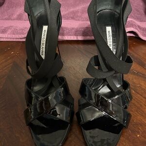 Manolo Blahnik Eletti Patent Elastic Crisscross Sandal Heel Strap Black 40